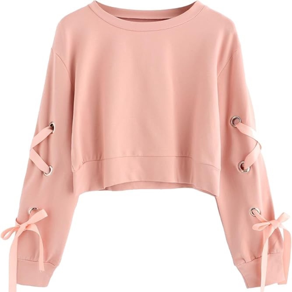 Women’s Pink Lace Up Long Sleeve Cropped top with Ribbon